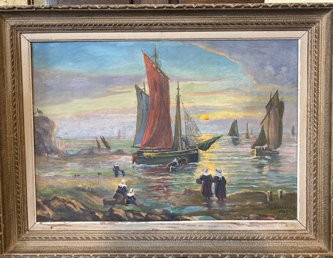 Oil On Panel "boats On The Shore" Signed L Barrère And Dated 1945
