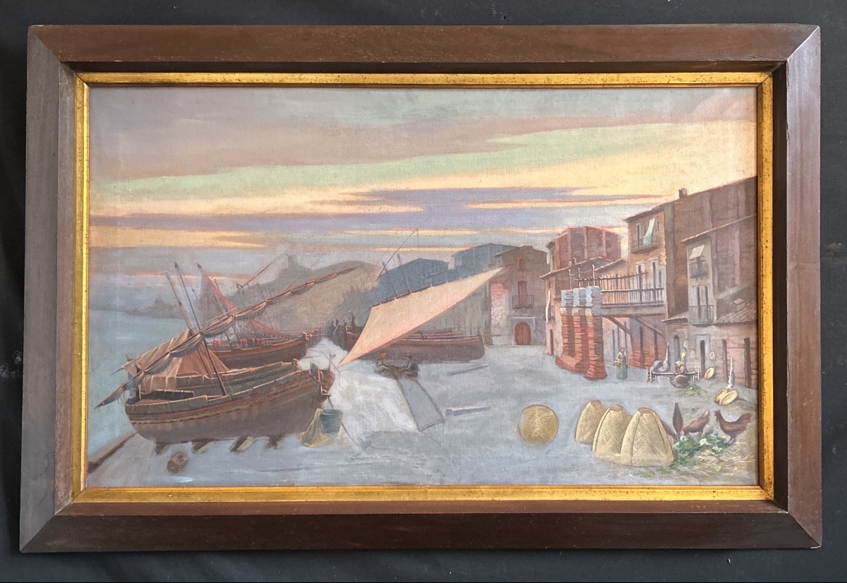 Oil On Canvas "boats On The Shore"