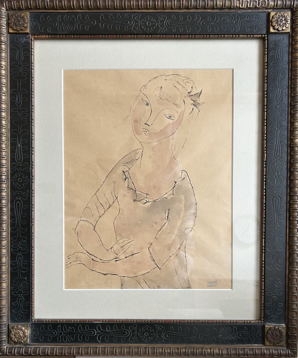 Ink And Watercolor Drawing By Pascin Depicting A Young Woman In The Style Of Modigliani