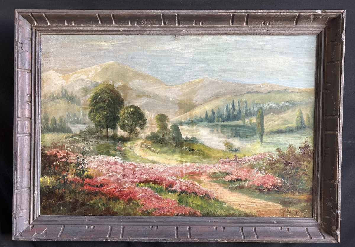 Huile Sur Toile Représentant Une Bergère Dans Un Paysage