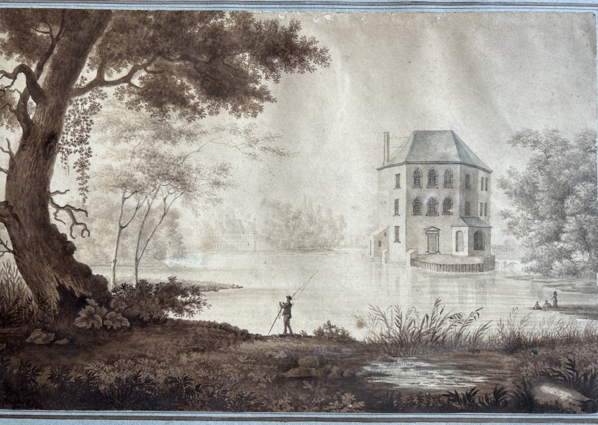 Dessin  Au Crayon Et Lavis Brun époque 18ème Représentant Un Paysage Lacustre Animé-photo-2