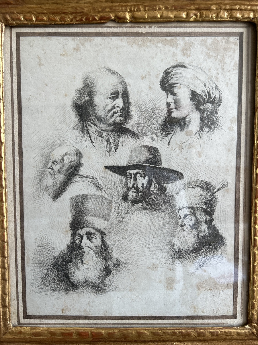 18th Century Print (etching) By Jean-jacques De Boissieu “study Of Heads”-photo-2