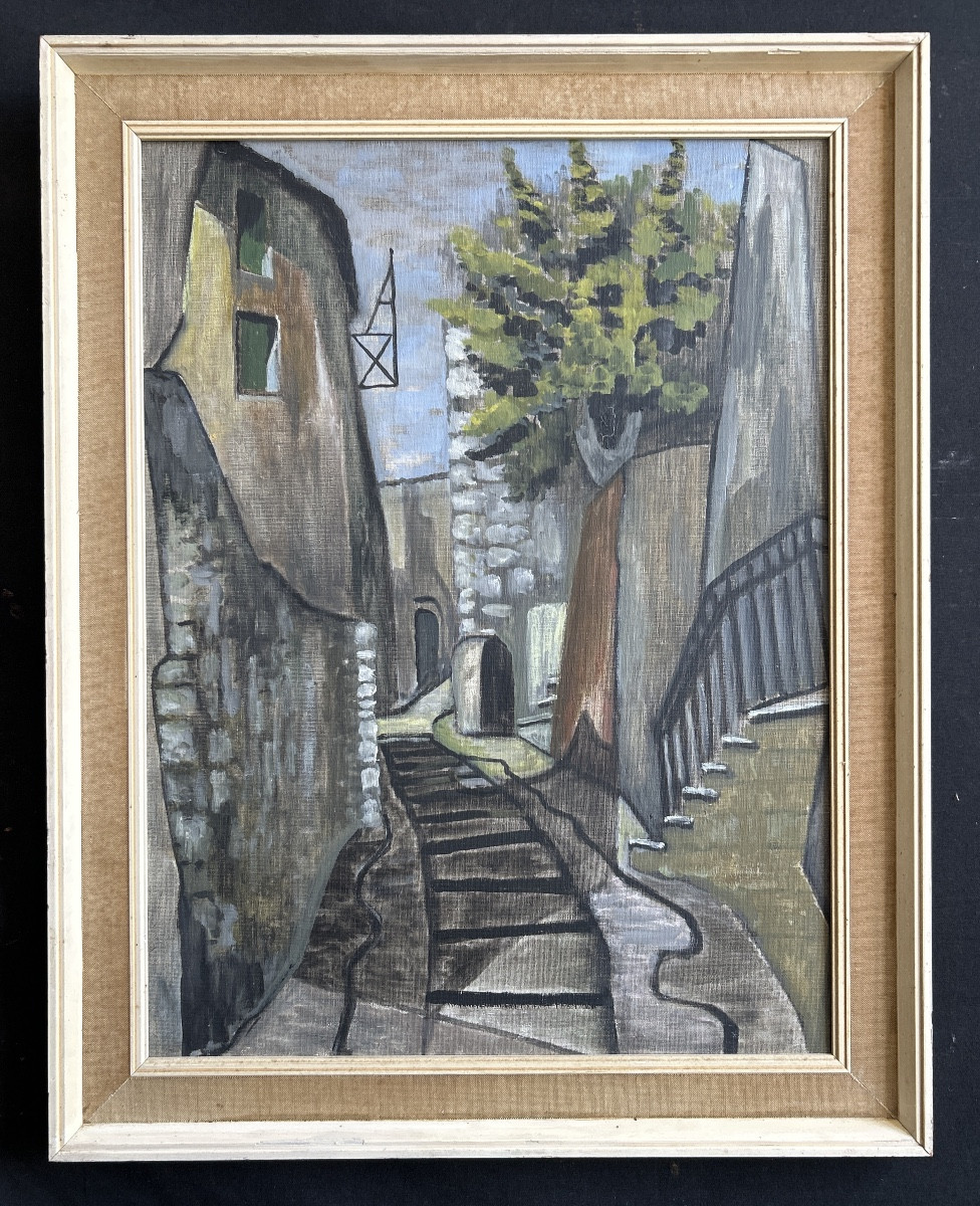Oil On Canvas “village Street” Signed On The Back O. Pomiès