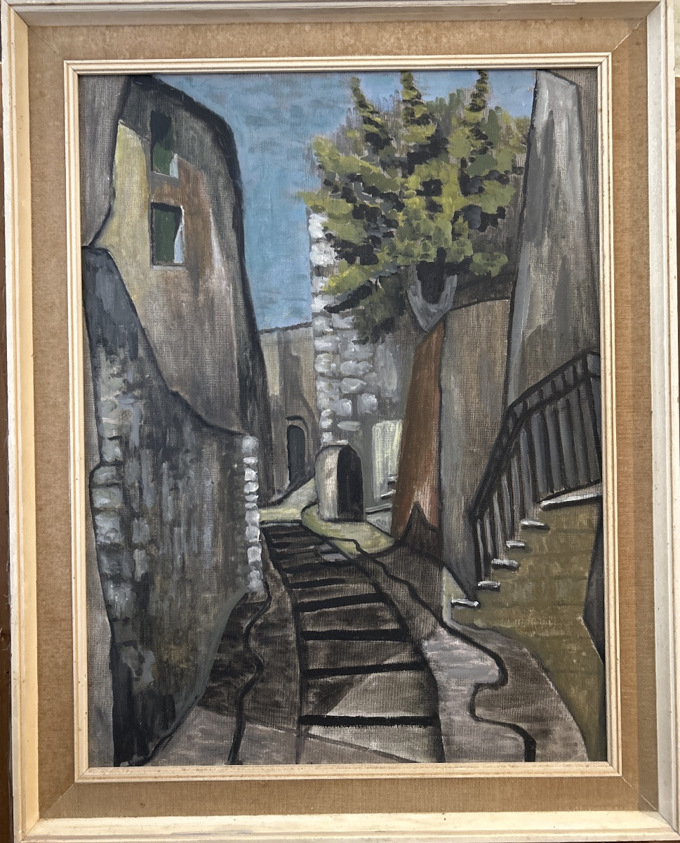 Oil On Canvas “village Street” Signed On The Back O. Pomiès