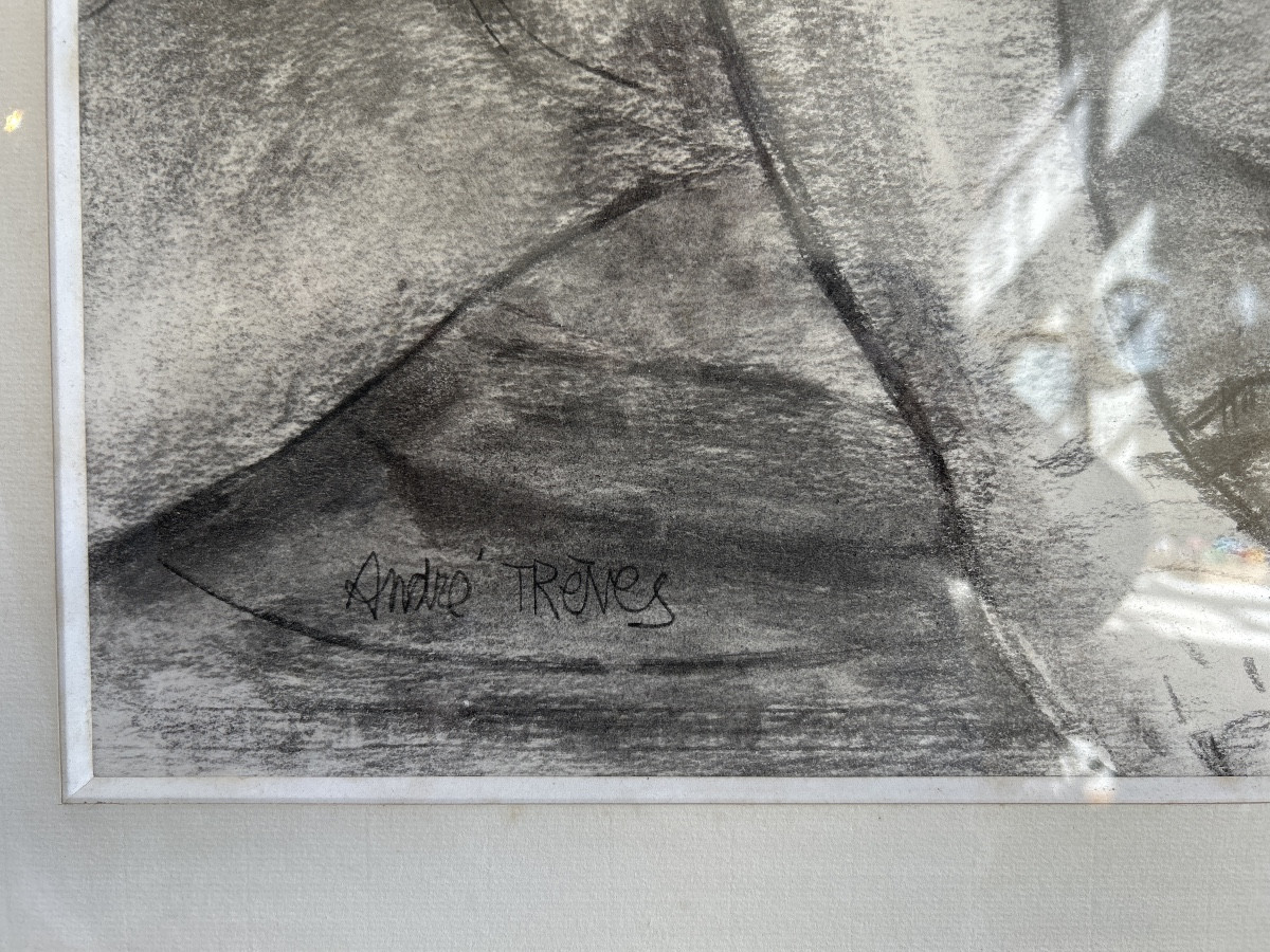 Dessin au crayon gras et fusain « Nu allongé » signé André Trèves-photo-2