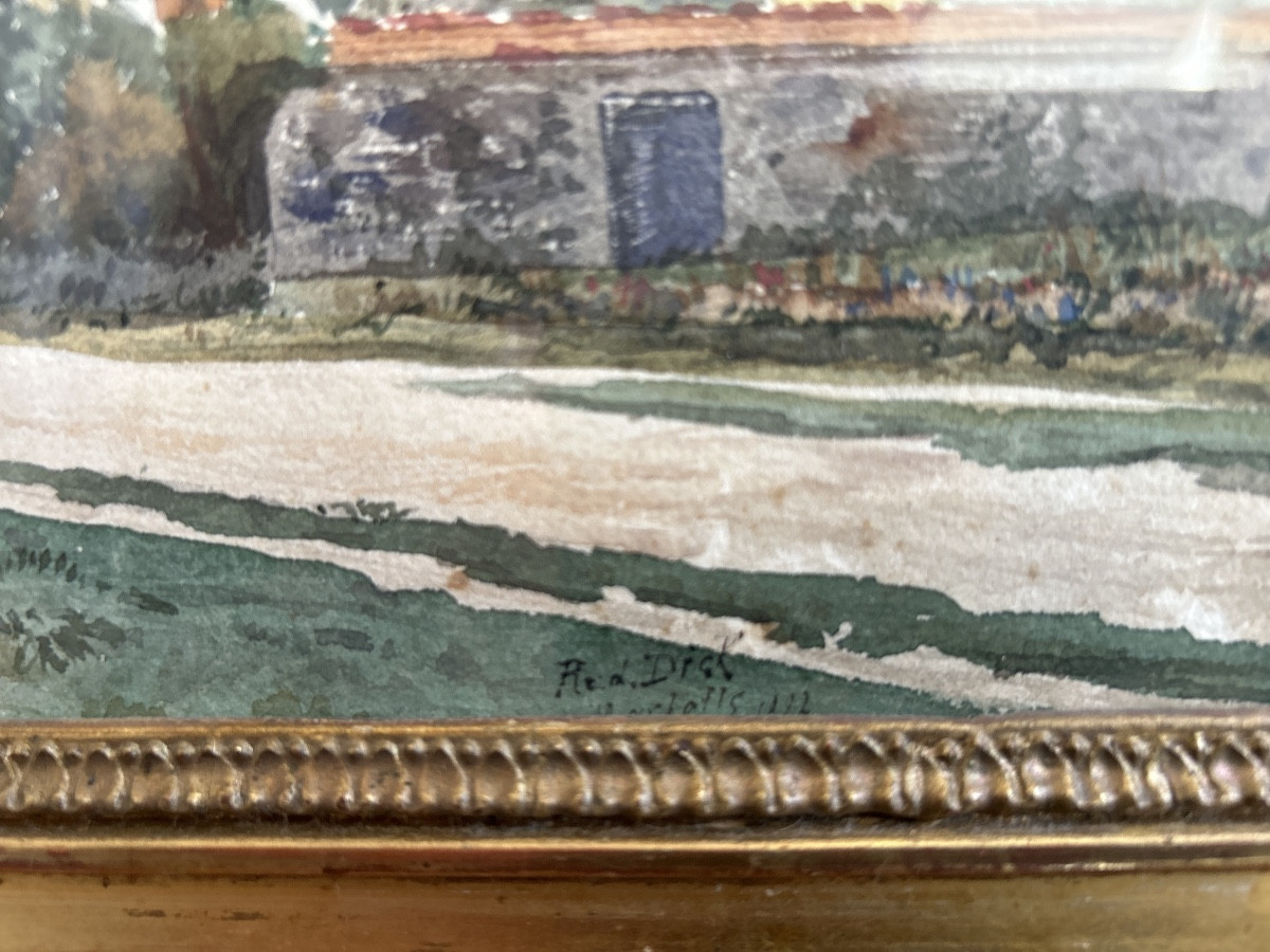 Watercolor Signed Red. Dick, Located And Dated 1822 "village View"-photo-3