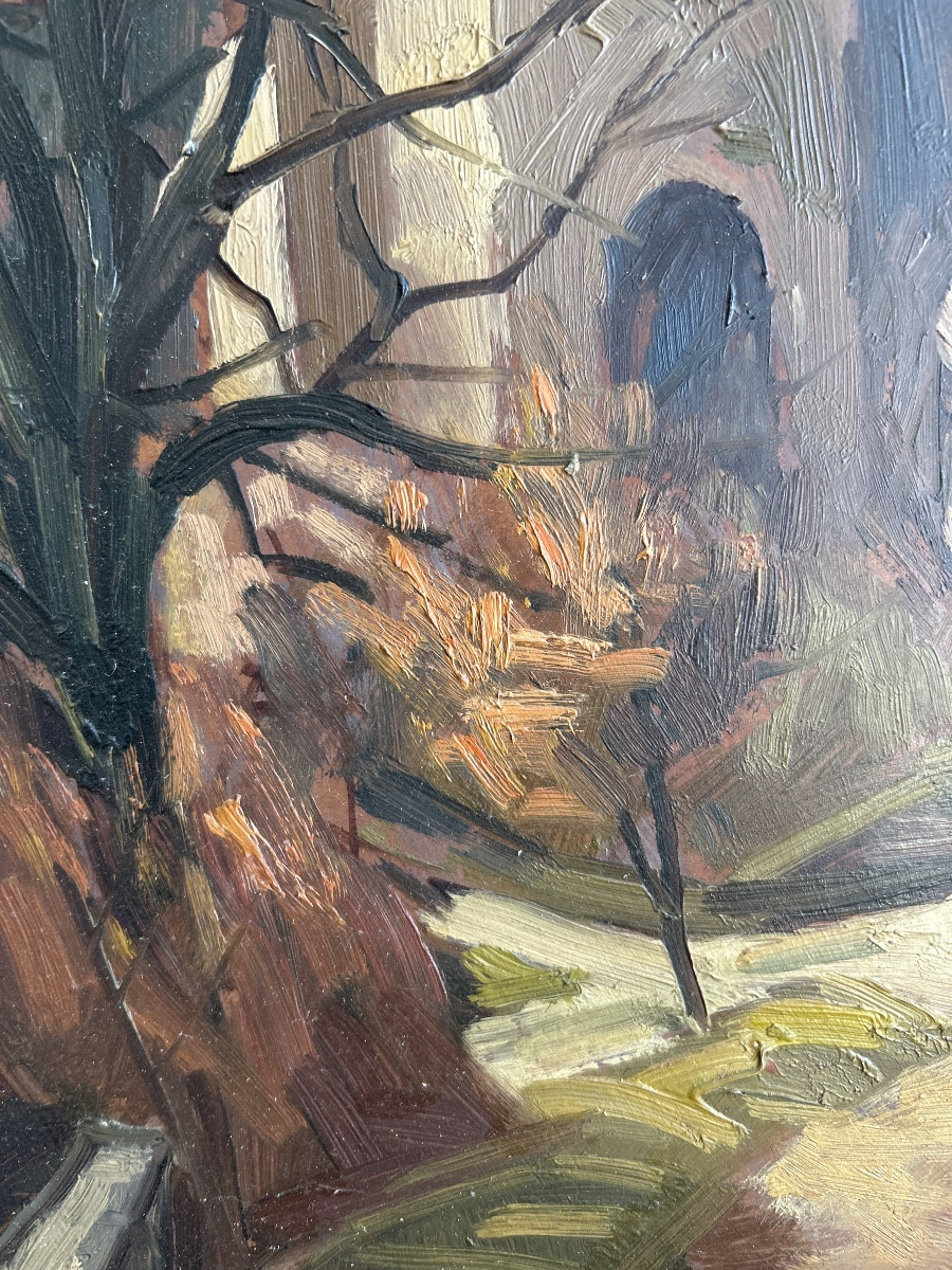 Oil On Hardboard Middle 20th Depicting A Church In Winter-photo-4