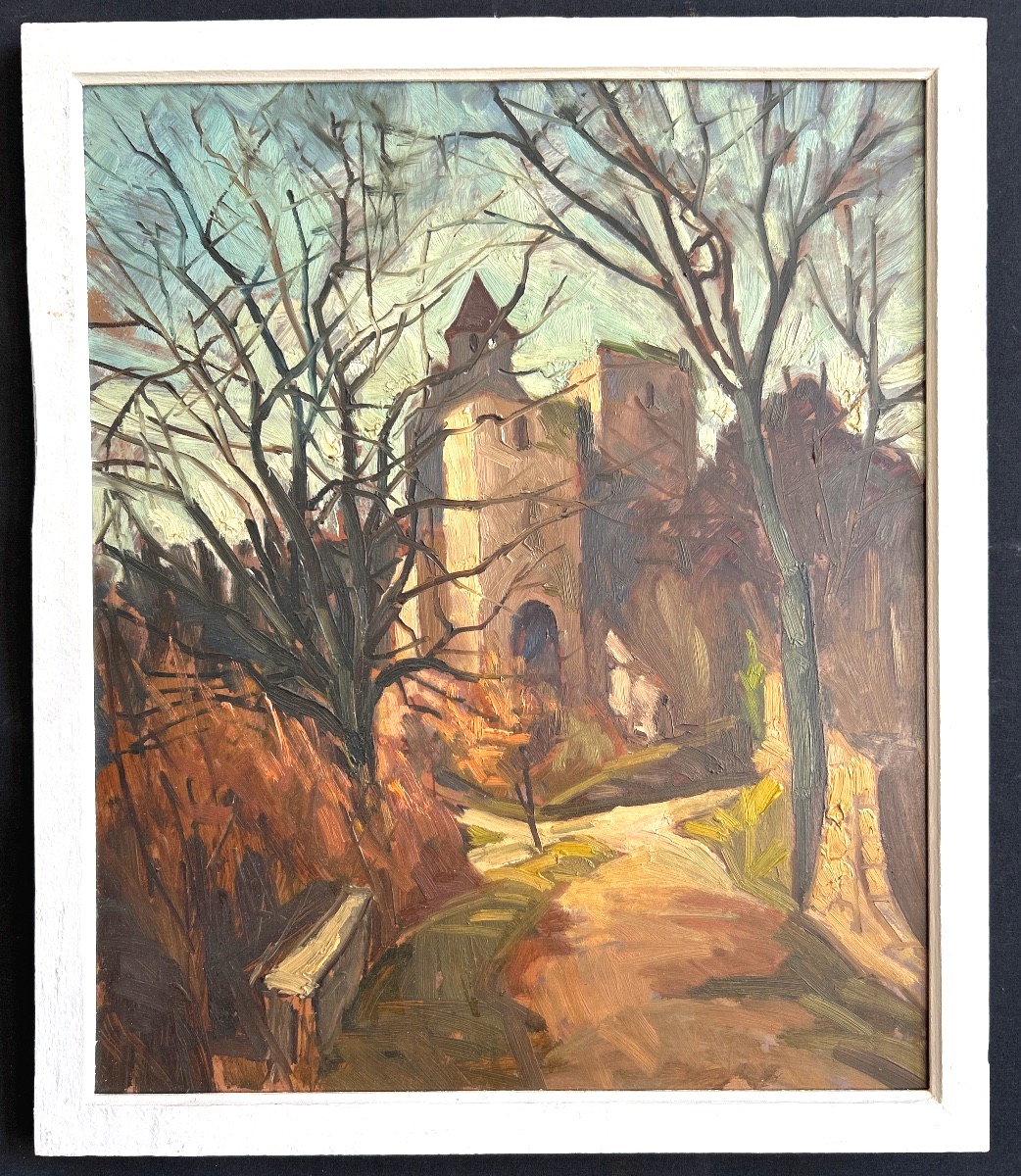Oil On Hardboard Middle 20th Depicting A Church In Winter-photo-2
