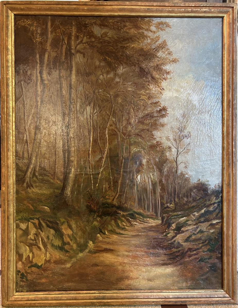 Importante Huile sur toile début 20ème représentant un chemin le long d’un bois