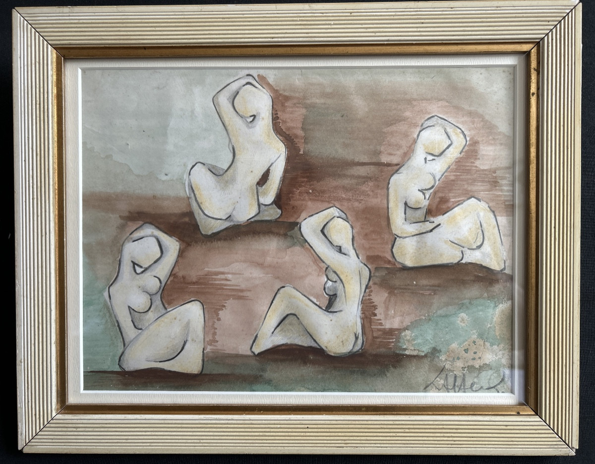 Aquarelle « Étude de Nus assis » signée d'André Cahour-photo-2