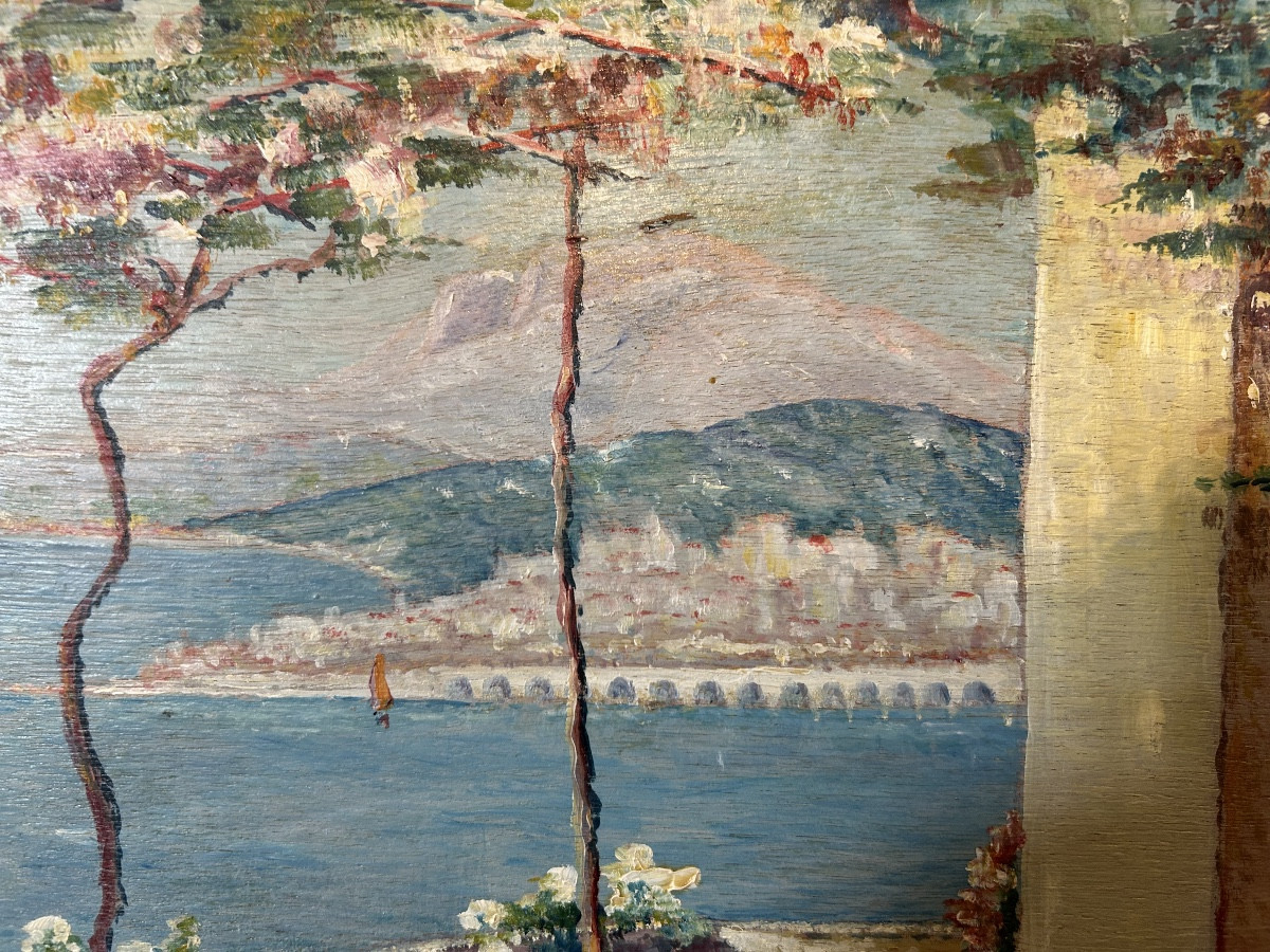 Oil On Panel « terrasse En Méditerranée » Signed By Henri Jousset And Dated 1943-photo-3
