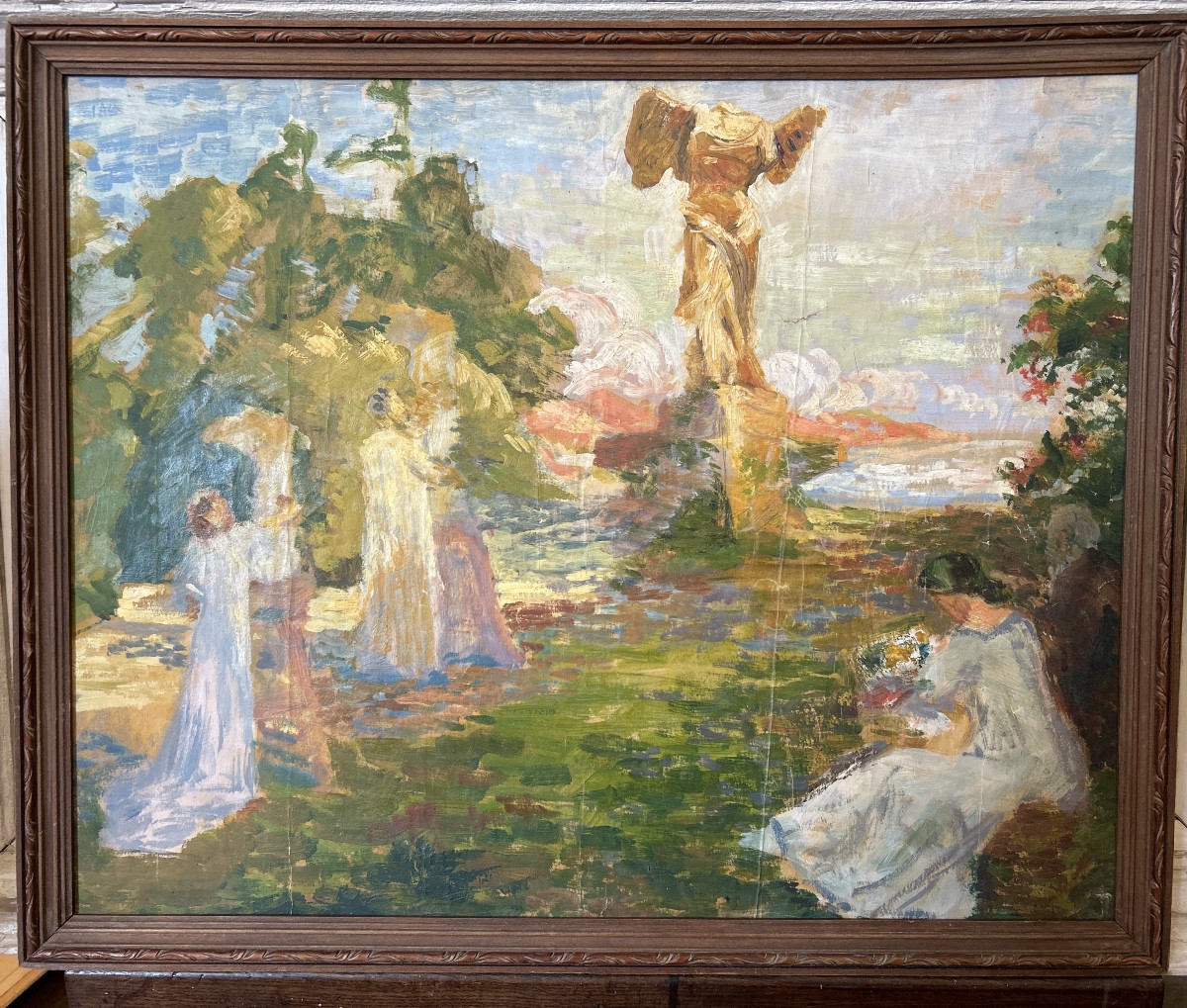 Huile sur papier marouflée sur Isorel d’Henri Laffite representant l’allégorie de la sculpture-photo-2