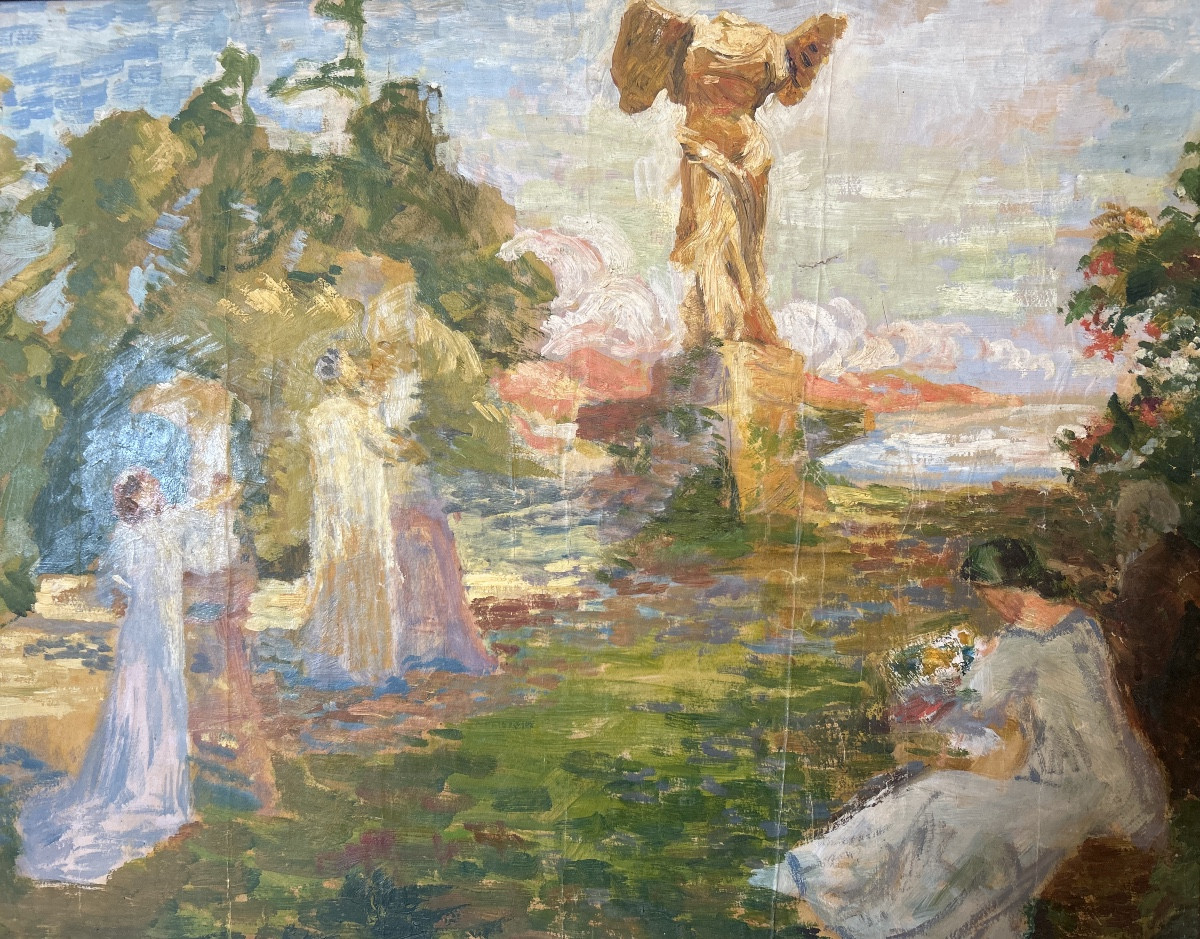 Huile sur papier marouflée sur Isorel d’Henri Laffite representant l’allégorie de la sculpture