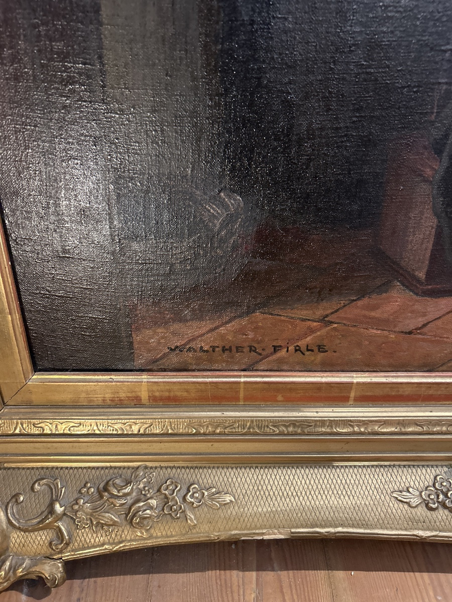 Large Oil On Canvas Signed Walther Firle "interior Scene" In The Dutch Style -photo-3