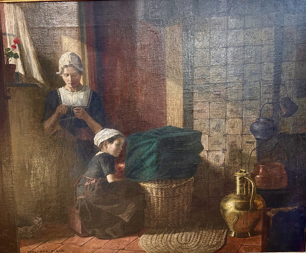 Large Oil On Canvas Signed Walther Firle "interior Scene" In The Dutch Style 