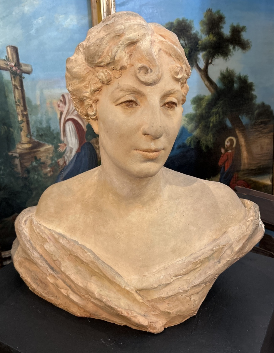 Sculpture en plâtre patiné terre cuite signée et datée H Laffite 1919 Buste de Carlota Laffite
