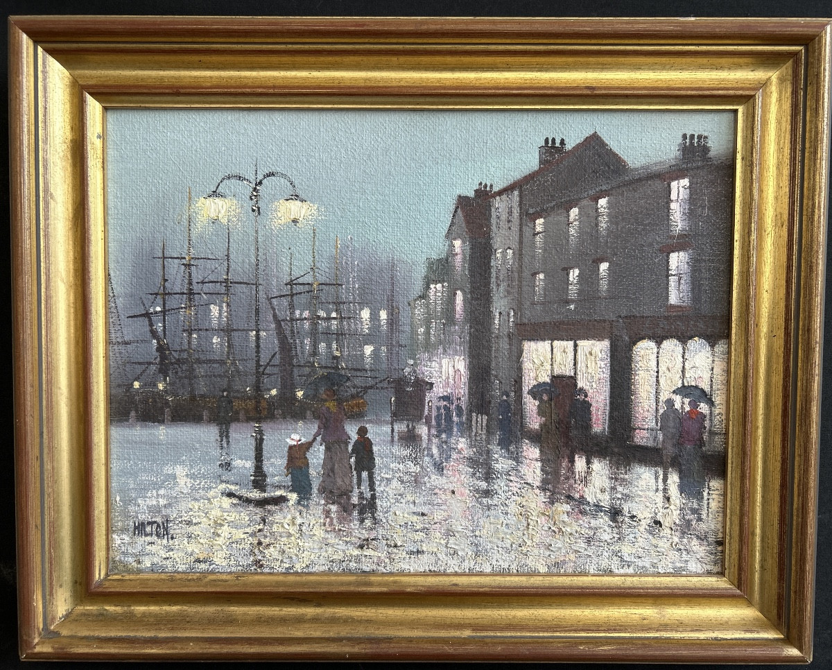 Huile sur toile signée de Barry Hilton représentant une place animée sur un port