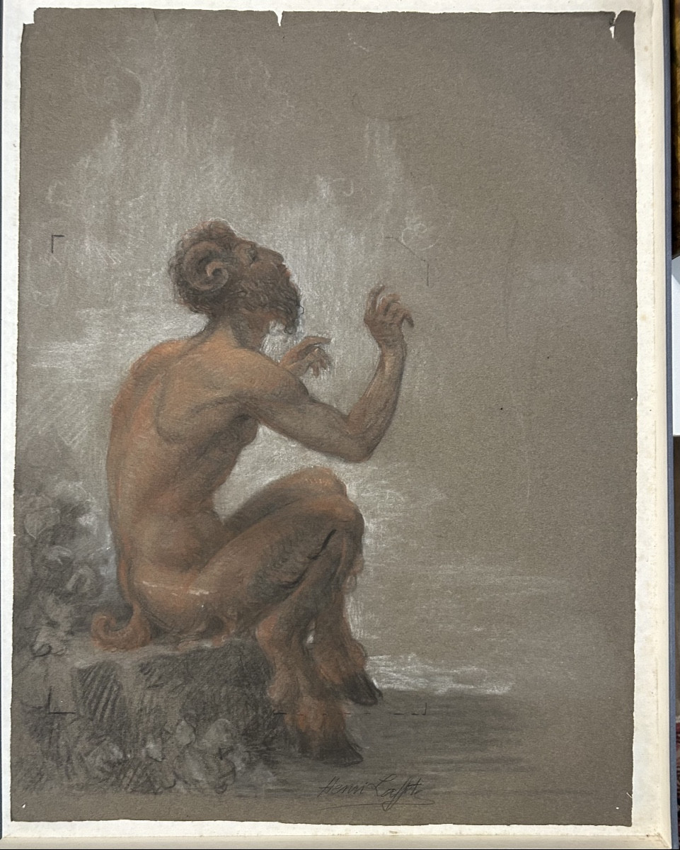 Dessin signé d’Henri Laffite représentant un Faune assis