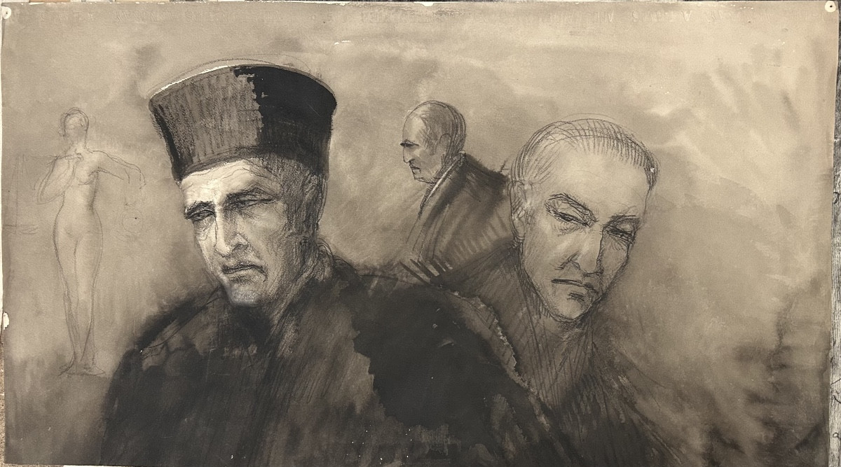 Double-sided Drawing From The Early 20th Century Depicting A Courtroom Scene And Women Bathing