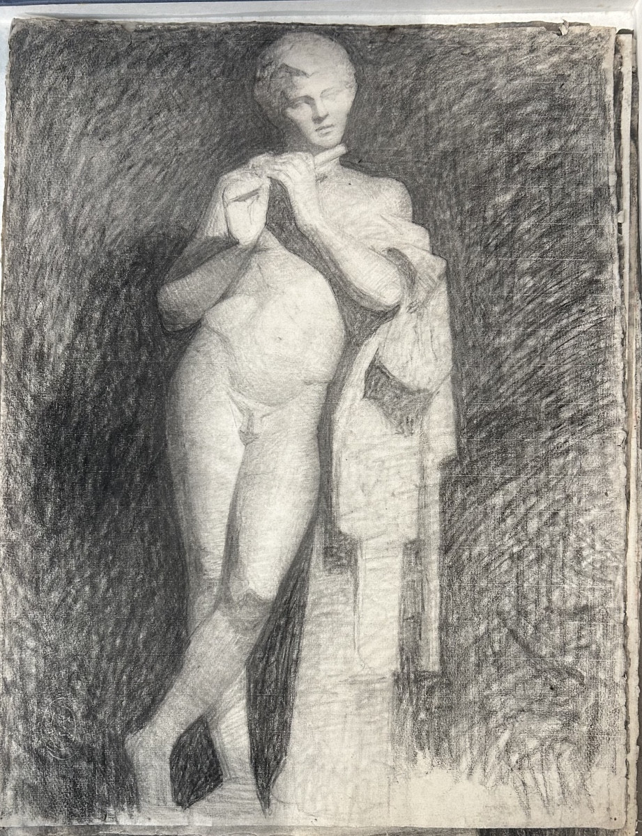 Dessin au crayon et fusain d’Henri Laffite représentant un homme jouant de la flûte 