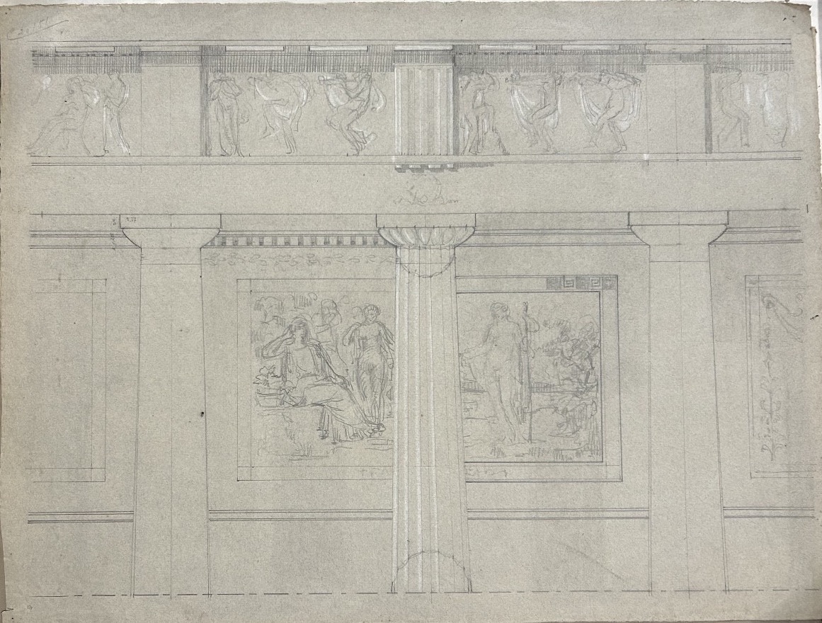 Pencil Drawing With White Chalk Highlights By Henri Laffite Representing An Architecture  