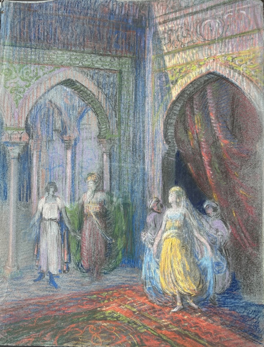 Dessin au pastel d’Henri Laffite représentant une scène de harem