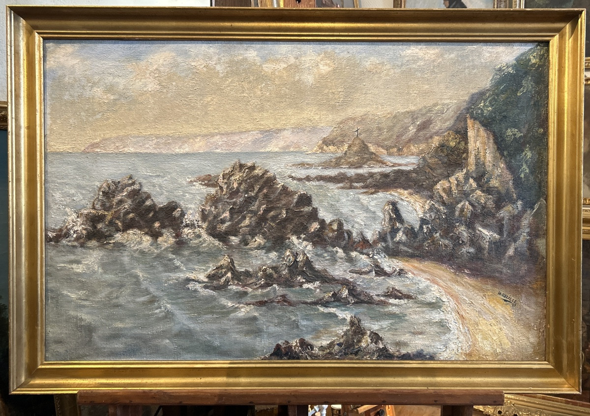 Large Oil On Canvas Dated 1937 And Signed Delille Representing A Seaside 