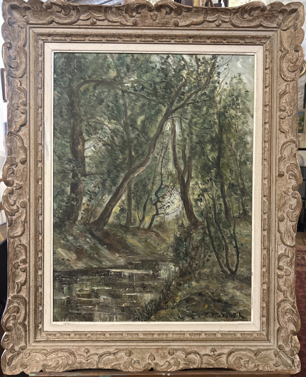 Oil On Canvas Signed C. Fondonèche, Early 20th Century, Representing A River In An Undergrowth