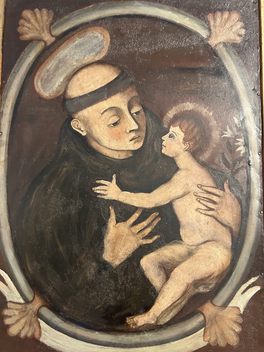 Huile sur métal 17ème école sud-américaine représentant StAntoine de Padoue et l’enfant Jesus