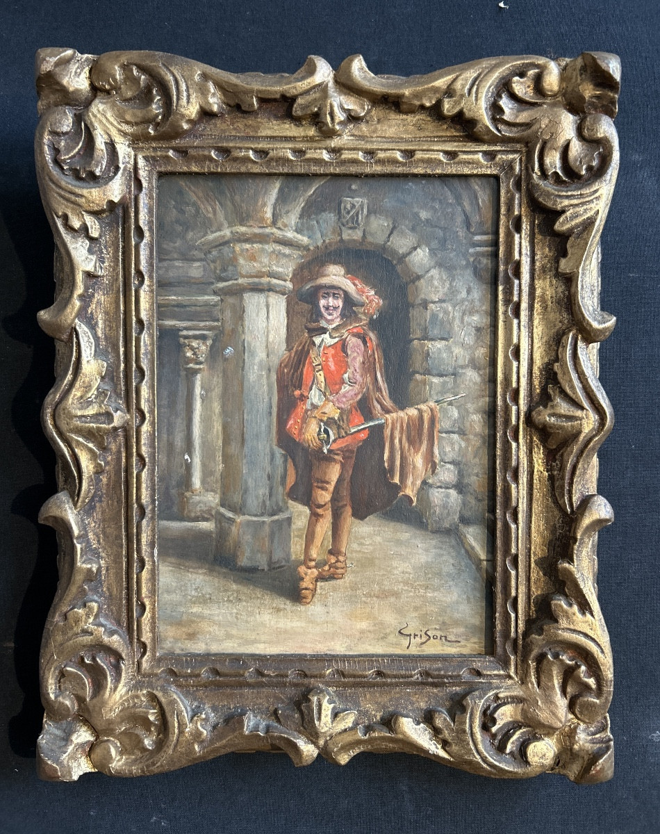 Huile sur panneau de Francois Adolphe Grison représentant un  Mousquetaire-photo-3