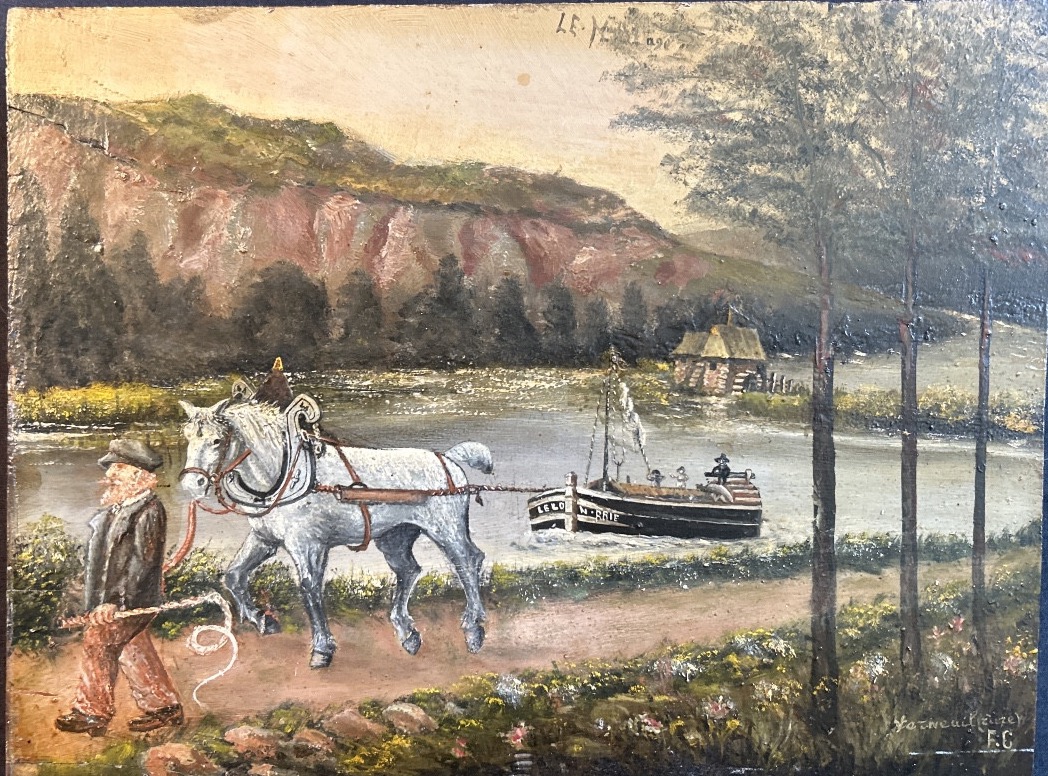 Oil On Wood In Naive Style Monogrammed Fc And Located In Verneuil Representing A Towing Scene