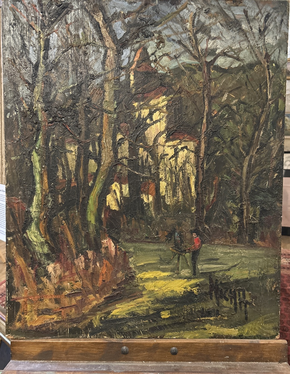 Huile sur Isorel signé Micha représentant un peintre et l’église Ste Radegonde (Lot et Garo