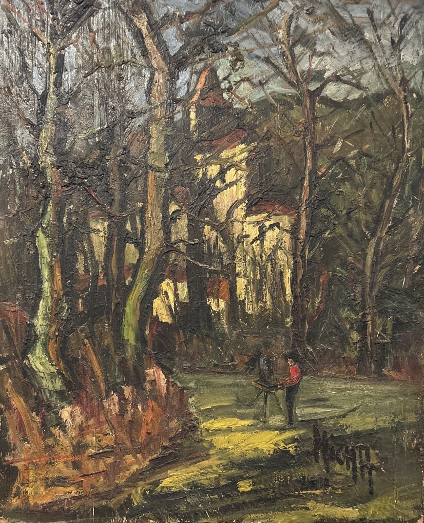 Huile sur Isorel signée Micha représentant un peintre et l’église Ste Radegonde (Lot et Garo