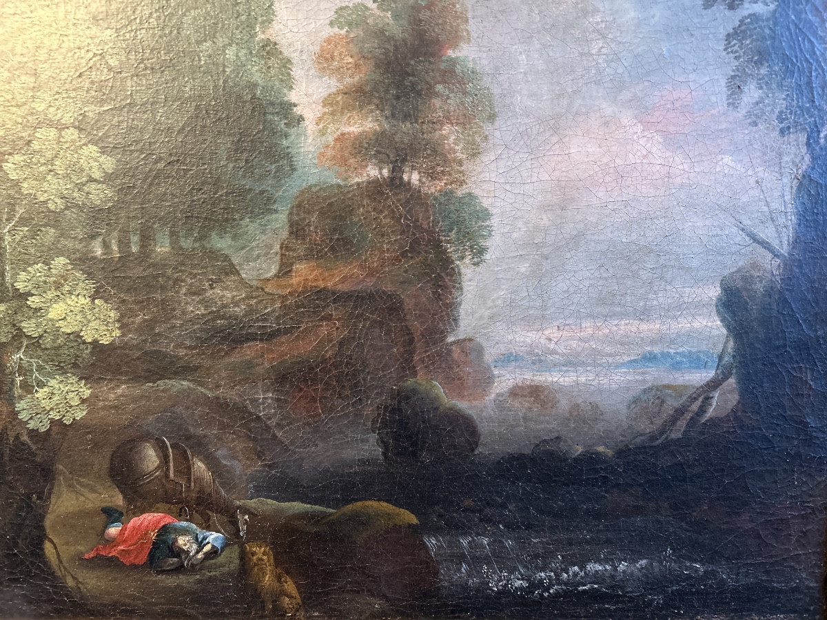 18th-century Oil On Canvas Depicting A Landscape With A Horseman; Very Fine Period Stretcher-photo-2