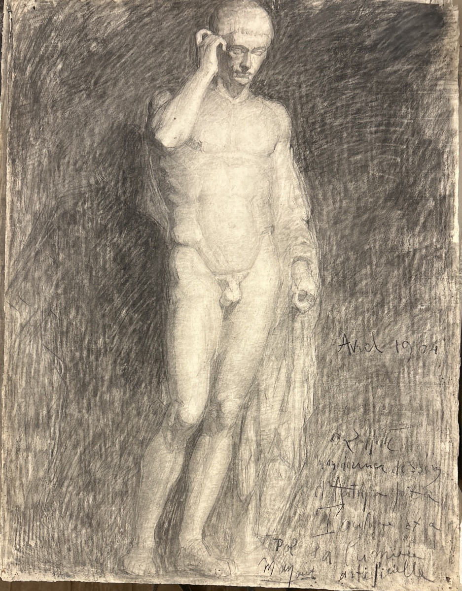 Dessin au crayon et fusain représentant une académie d’homme datée, signée et dédicacée 