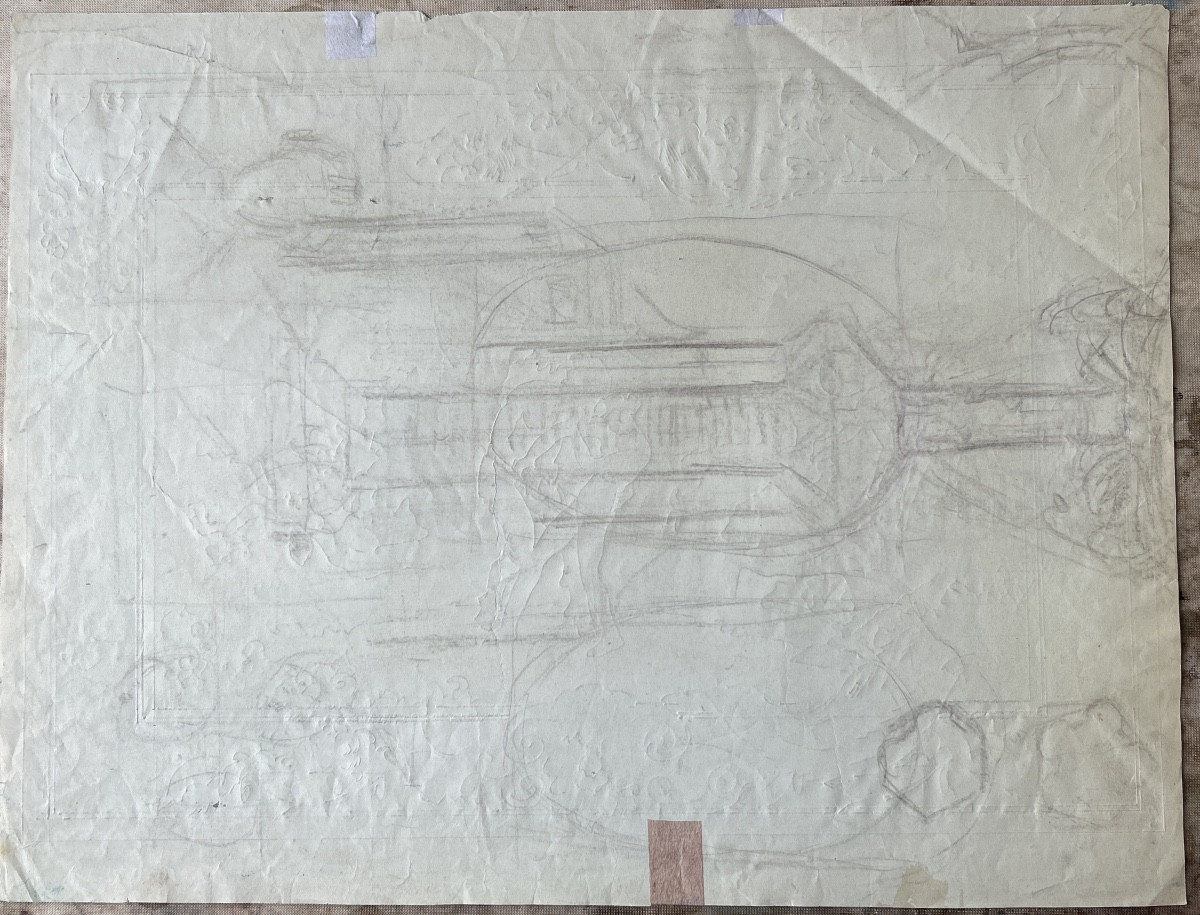 Dessin au crayon et encre mise au carreau d’Henri Laffite représentant une scène de bacchanale -photo-2