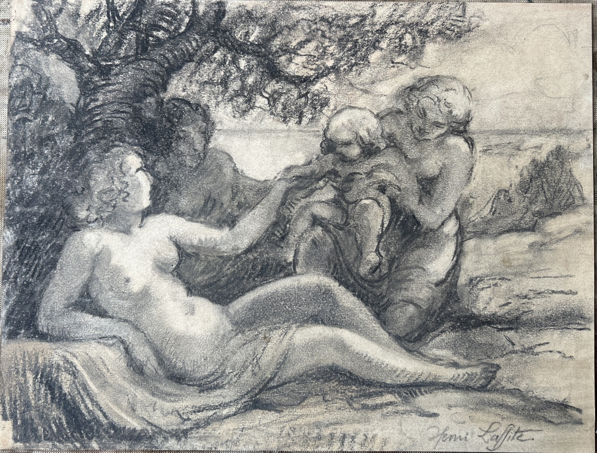 Dessin crayon et fusain signé Henri Laffite