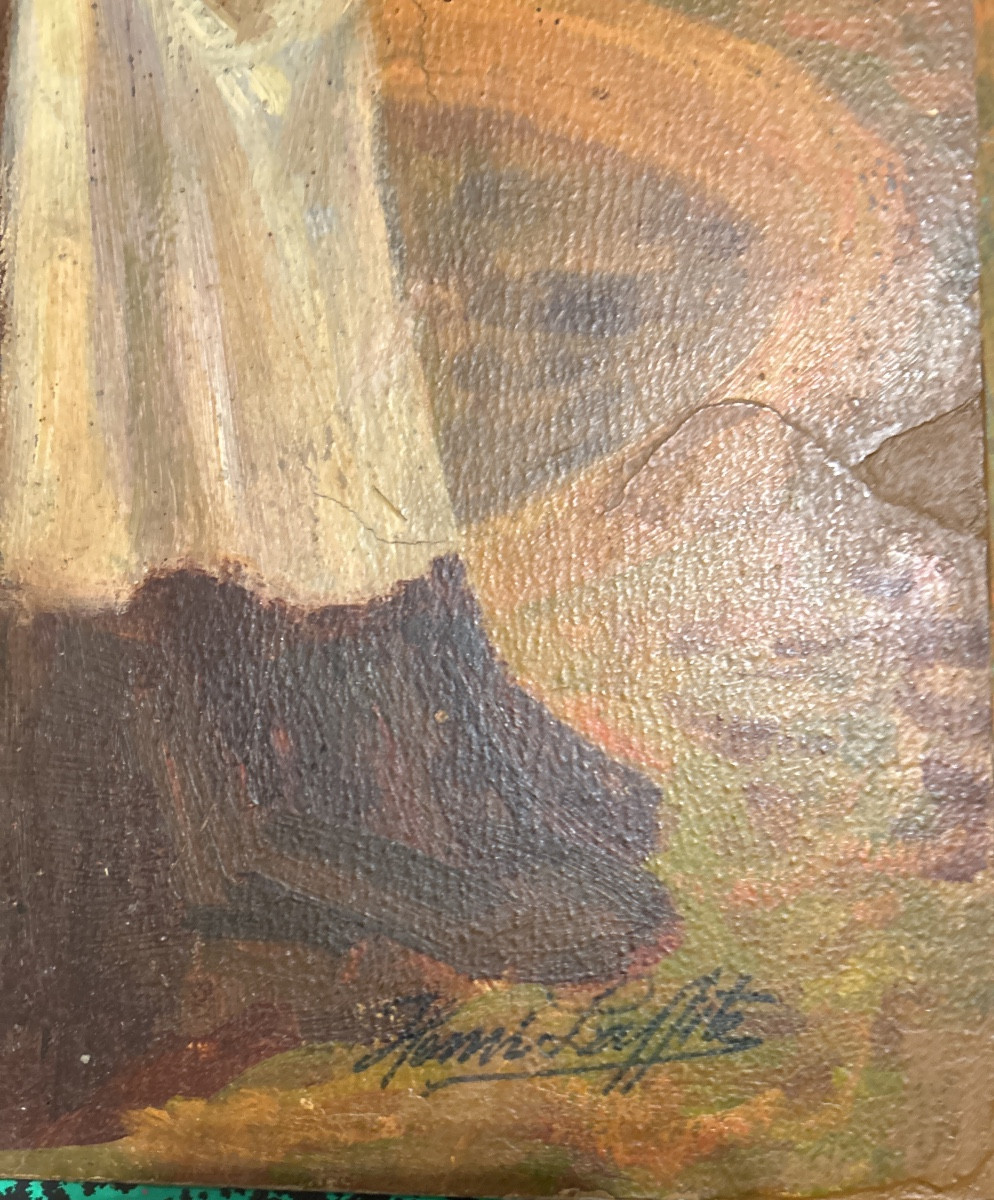 Oil On Paper Mounted On Heavy Cardboard, Signed By Henri Laffite, "elegant Woman In A Park"-photo-3