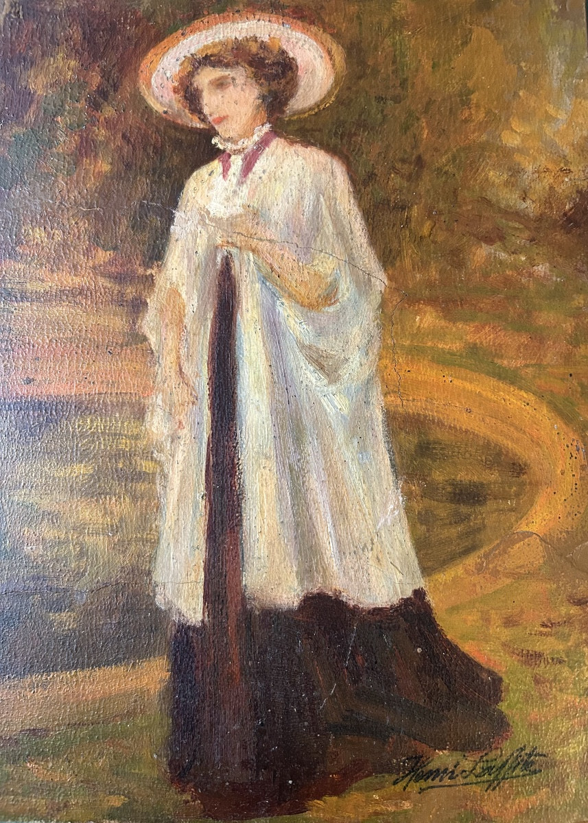 Oil On Paper Mounted On Heavy Cardboard, Signed By Henri Laffite, "elegant Woman In A Park"