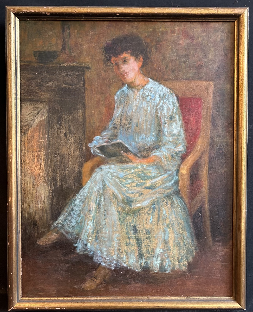 Oil On Heavy Cardboard "woman In A Blue Dress" By Henri Laffite