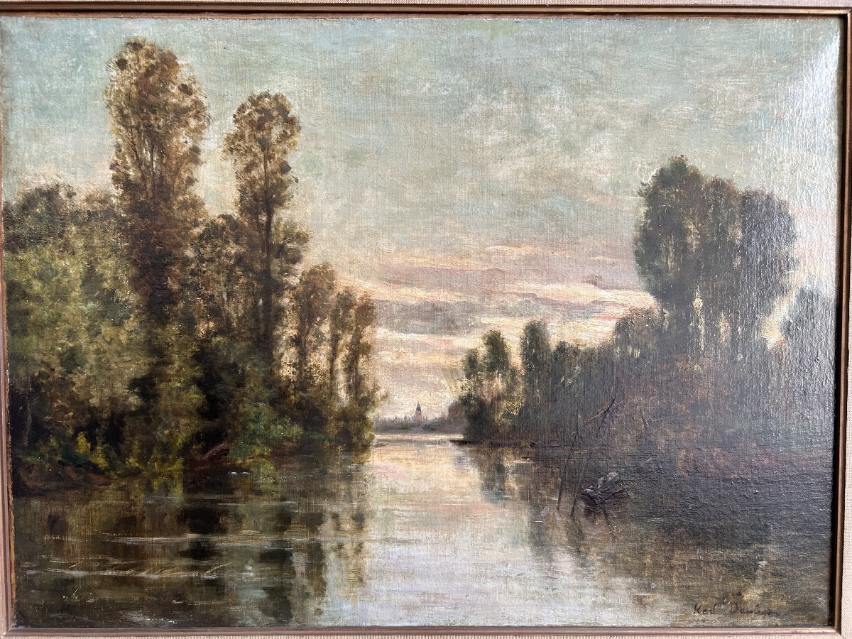Huile sur toile signée Karl Daubigny  « Paysage lacustre »-photo-2