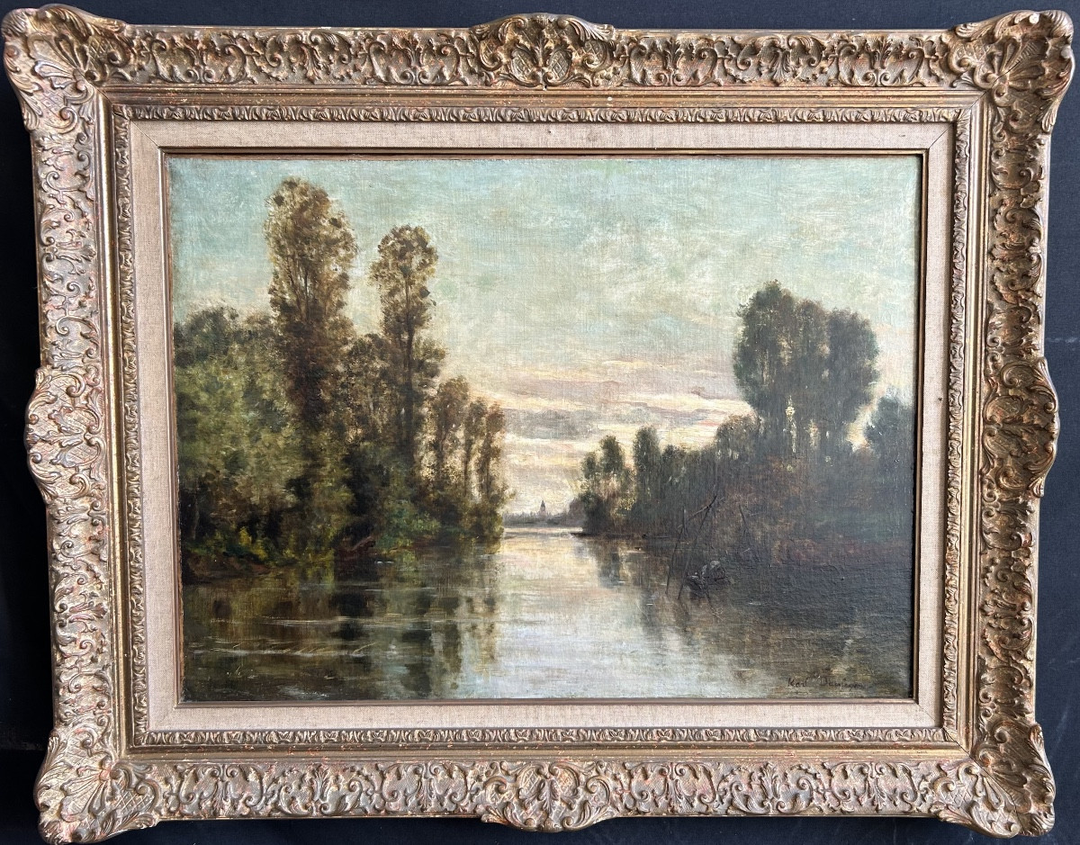 Huile sur toile signée Karl Daubigny  « Paysage lacustre »