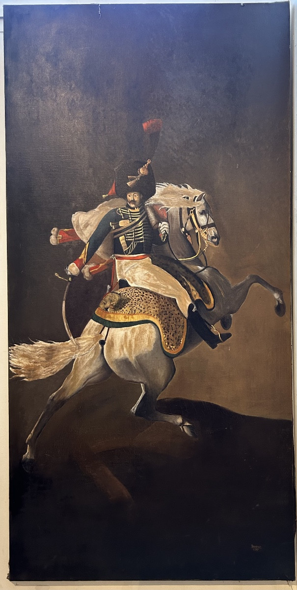 Très grande huile sur toile d’après Géricault signé Reverdit  1949 « Officier Garde Impériale »