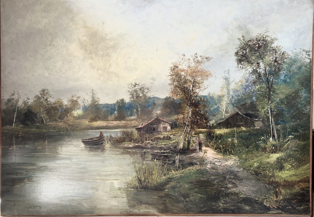 Very Large Oil On Canvas, “boats On The River In Autumn,” Godchaux Studio