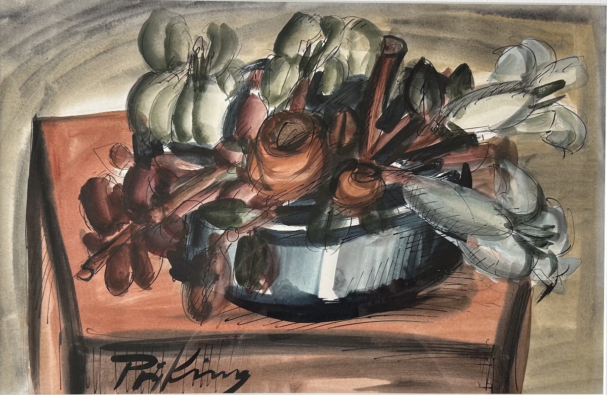 Aquarelle « Nature morte » signée de Franz Priking; cachet de la Galerie Martin-Caille