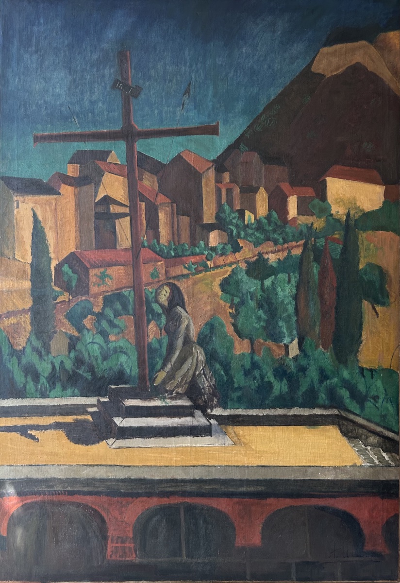 Very Large Oil On Canvas, “calvary At Corte,” Signed By André Utter