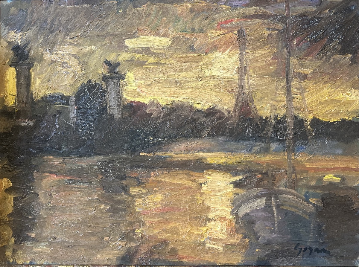 Huile sur toile « Tour Eiffel depuis le pont Alexandre III » signé Pierre Gogois
