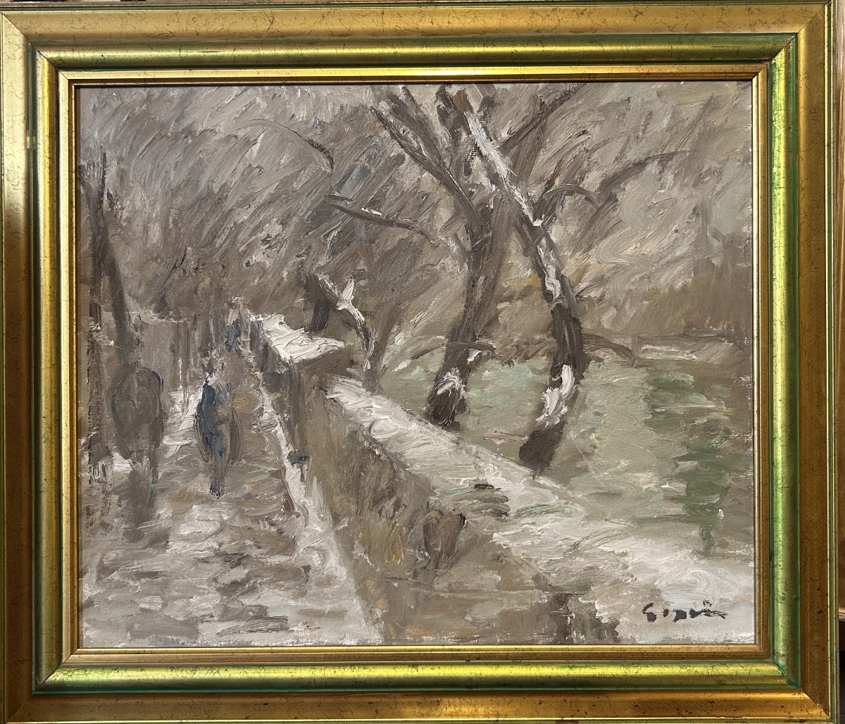 Huile sur toile «  Les bouquinistes des quais de Paris sous la neige » signé Pierre Gogois-photo-2
