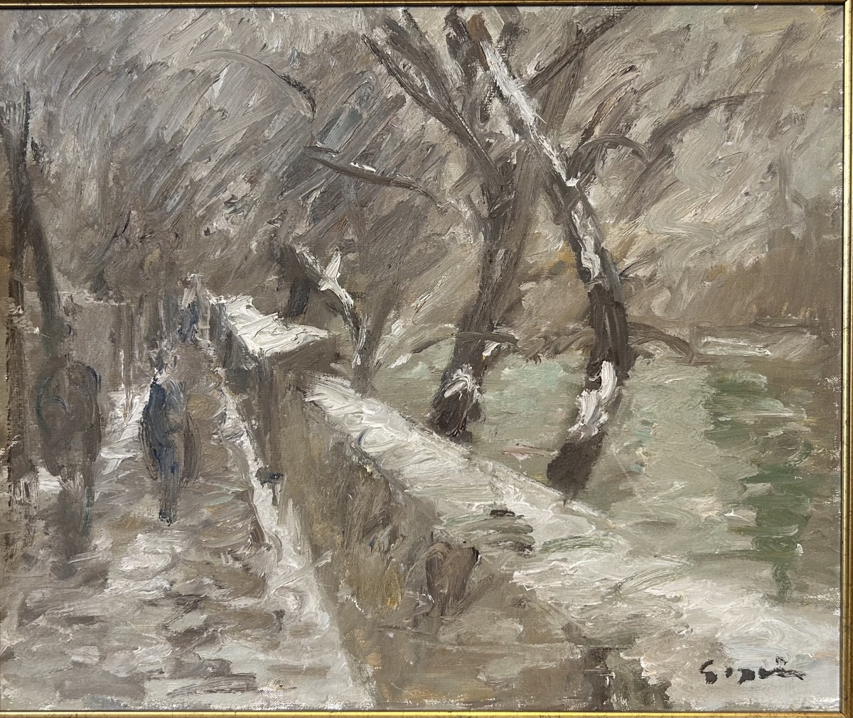 Huile sur toile «  Les bouquinistes des quais de Paris sous la neige » signé Pierre Gogois
