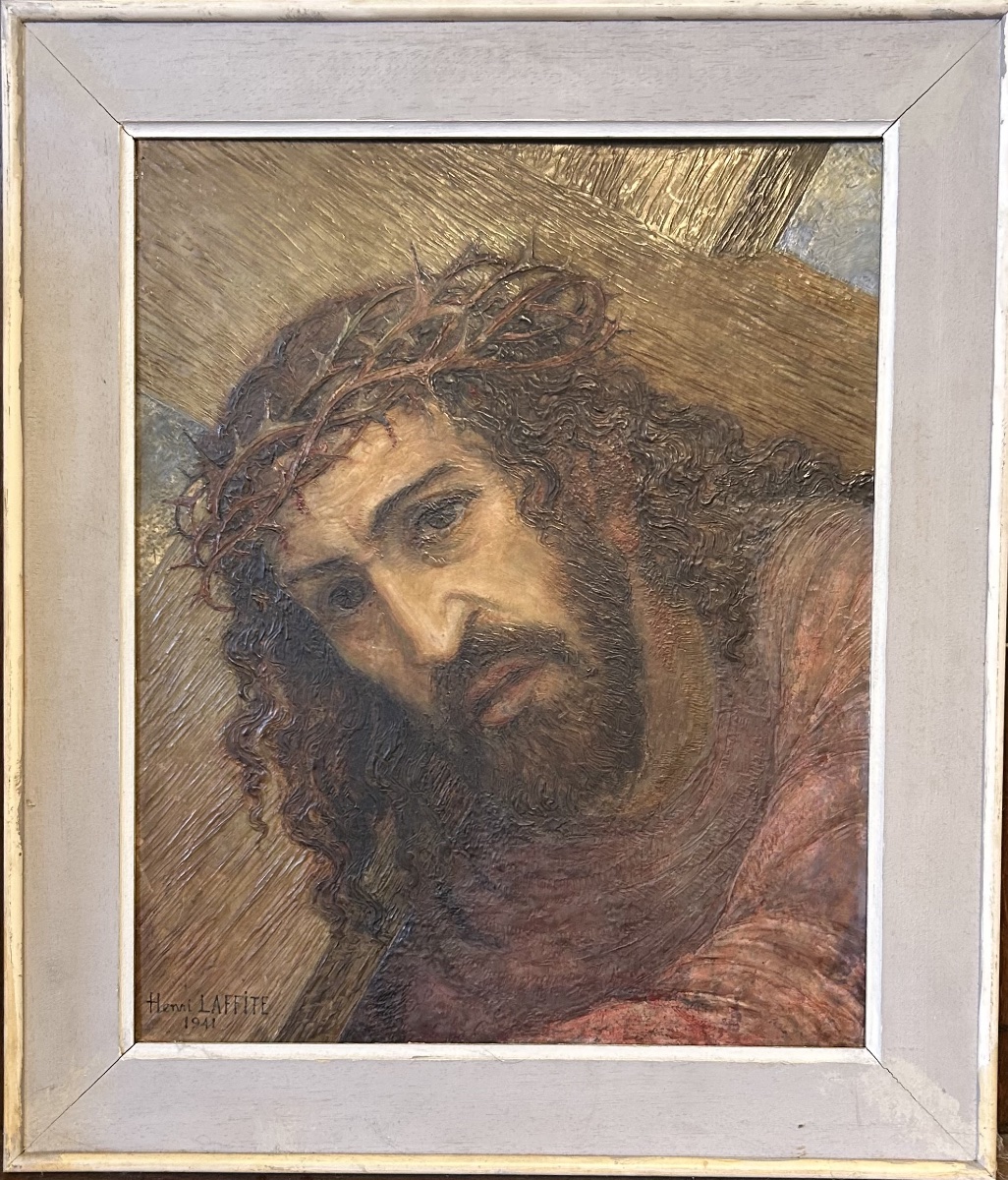 Huile sur carton fort représentant Le Christ signé d’Henri Laffite et daté 1941-photo-2